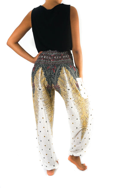 White peacock boho pants by Tan Smokey featuring a relaxed fit, hippie style, perfect for yoga and casual wear.