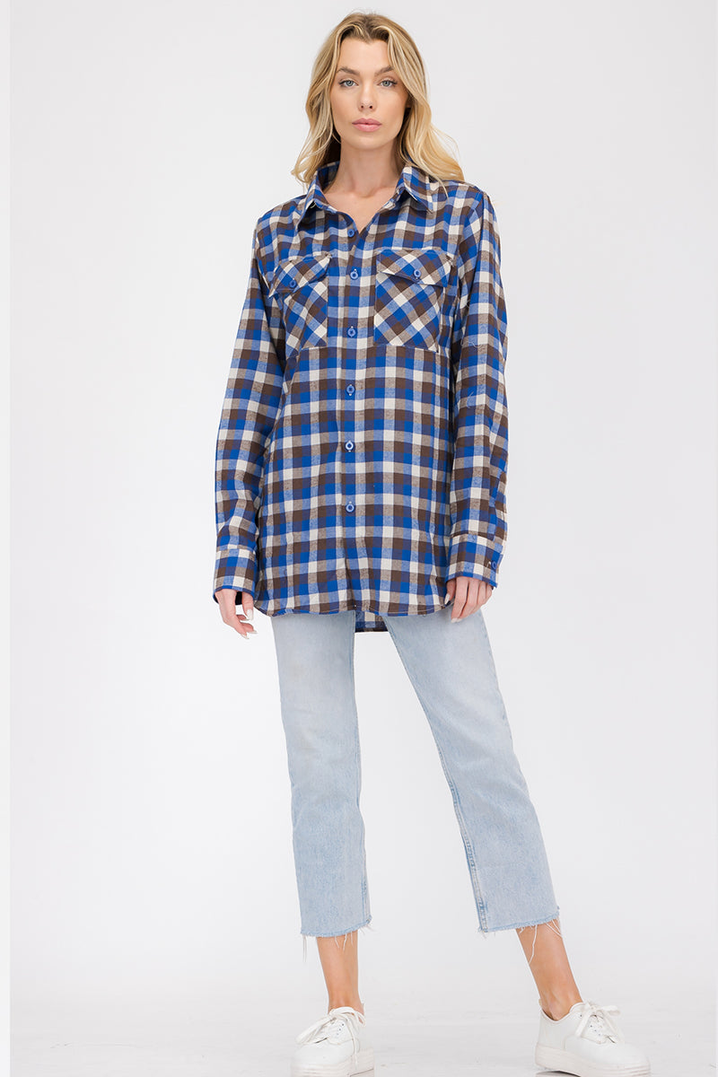 Lime Milo oversized boyfriend plaid checkered flannel top, casual and cozy blouse with a relaxed fit and classic pattern.