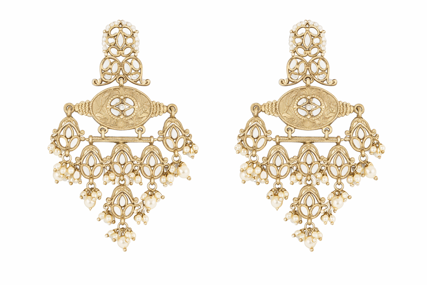 Gray Chloe designer earrings for women, stylish earrings with intricate metalwork and elegant design.