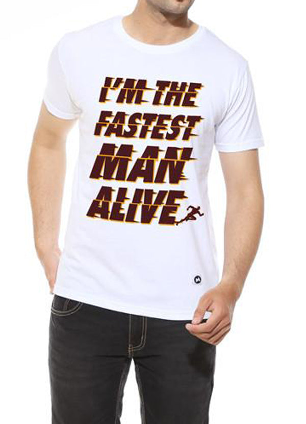 White Scorpius Fastest Man graphic T-shirt with half sleeves and bold black print, casual fit, front view.