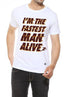 White Scorpius Fastest Man graphic T-shirt with half sleeves and bold black print, casual fit, front view.