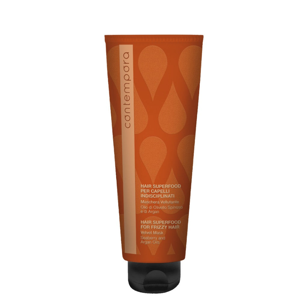 Pink Misty Contempora Velvet Mask for frizzy hair, 350ml, showcasing a smooth, luxurious haircare product in a sleek container.