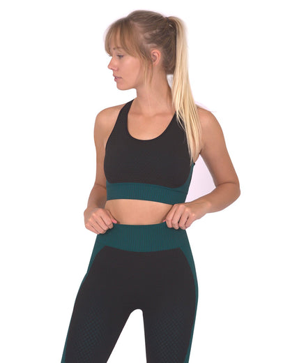 Lazurite Trois seamless sports bra in black with blue accents, activewear designed for comfort and support during workouts.