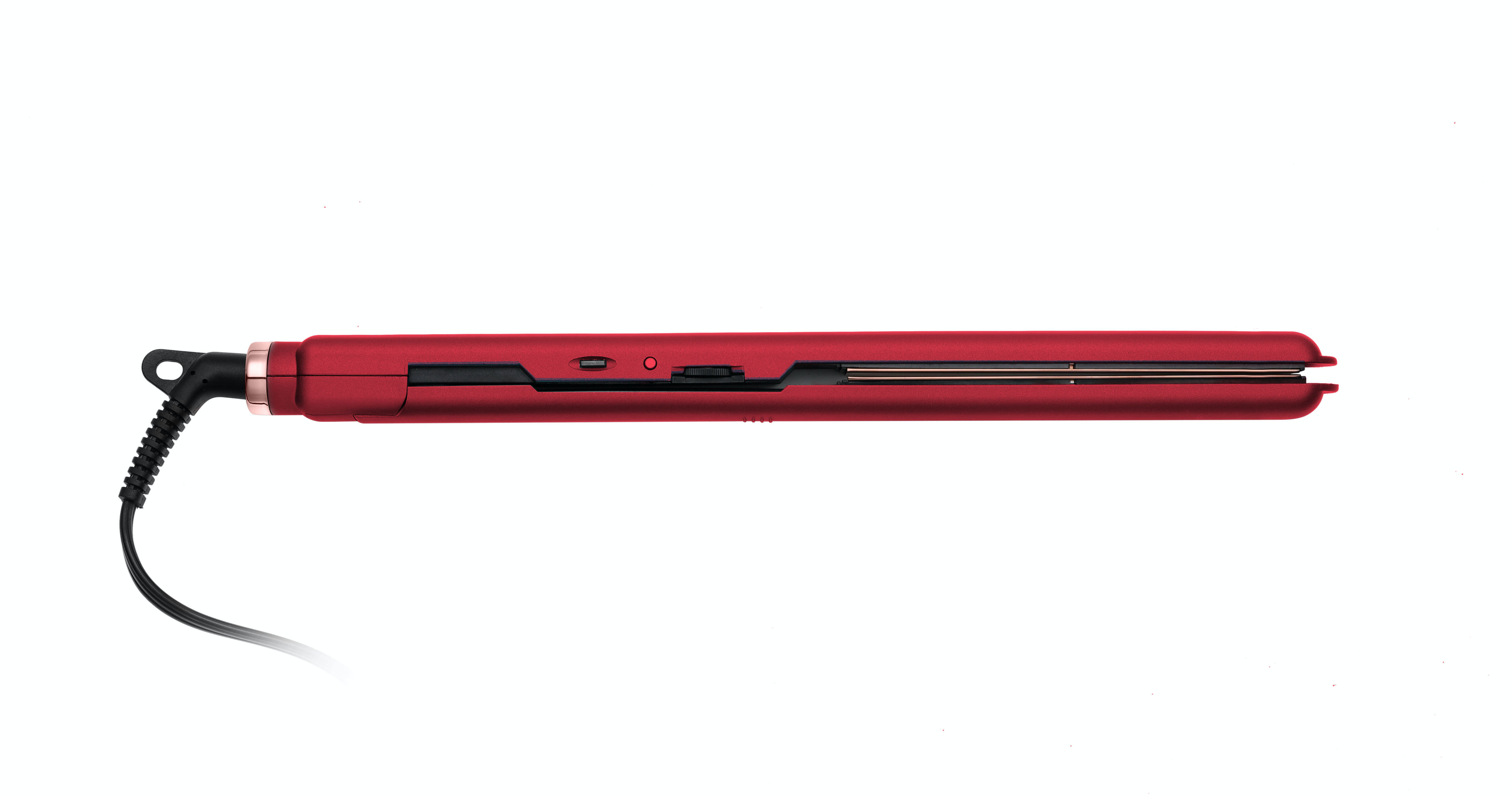 Sky Blue Thrace Almost Famous 1" MaxLength flat iron with rose gold titanium plates, showing the sleek black hair styling tool