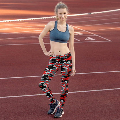 Red and gray camo leggings for women by Maroon Sooty, featuring a snug fit and activewear design for fitness or casual wear.