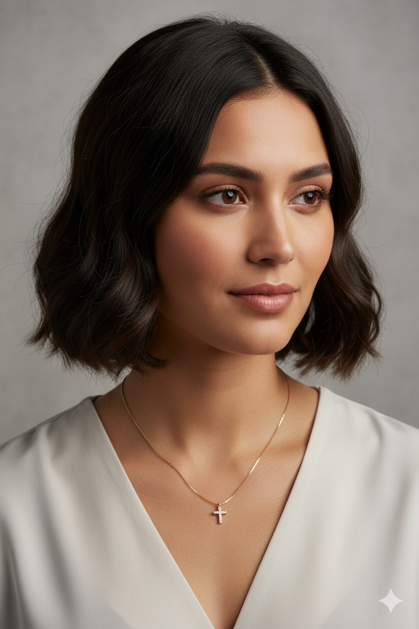 Elegant women’s zircon stone cross necklace by Ochre Juniper featuring a minimalist design and sparkling stones.