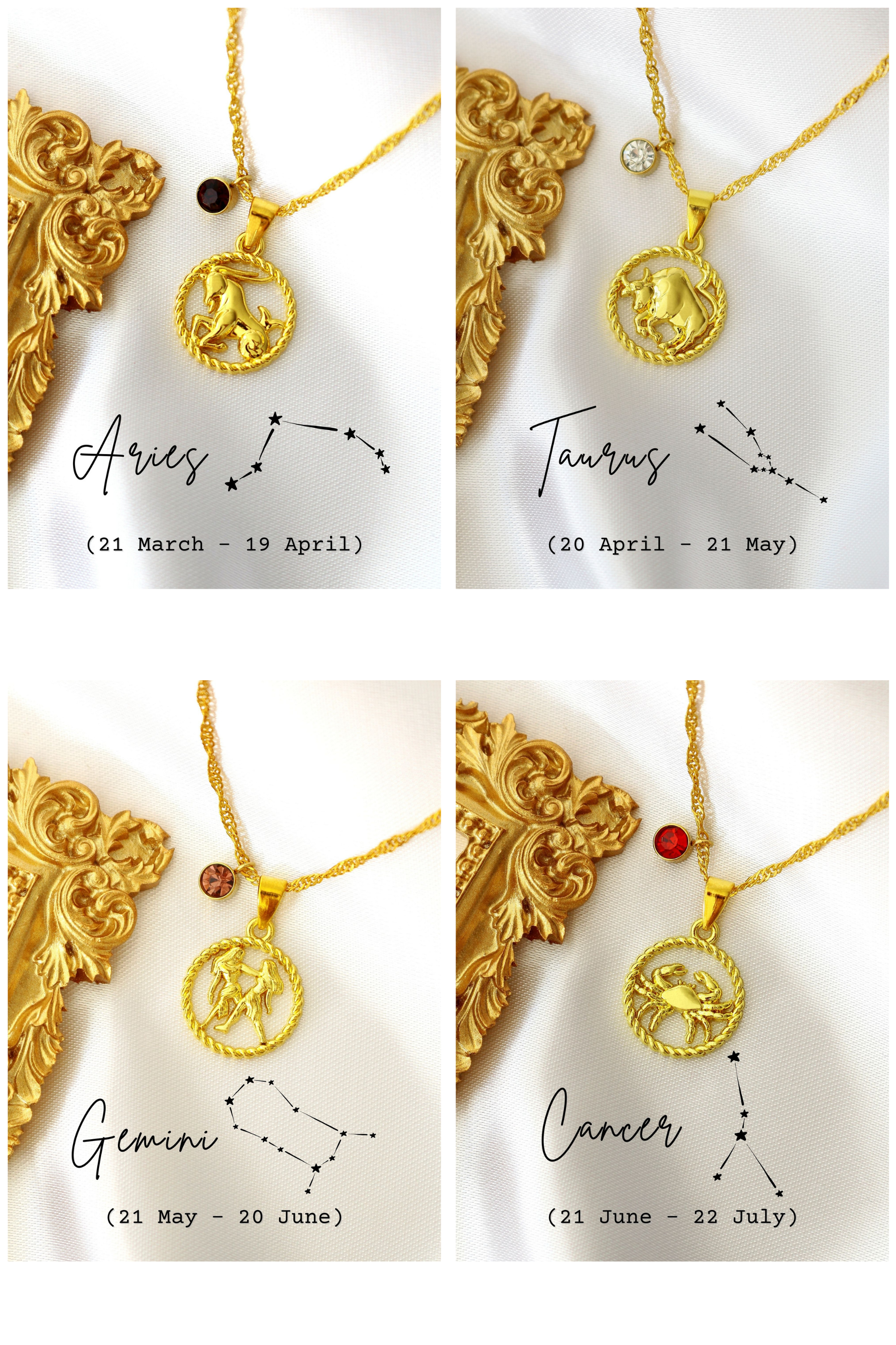 18K gold zodiac sign and birthstone necklace by Ultramarine Birch featuring a pendant with zodiac symbol and sparkling birthstone.
