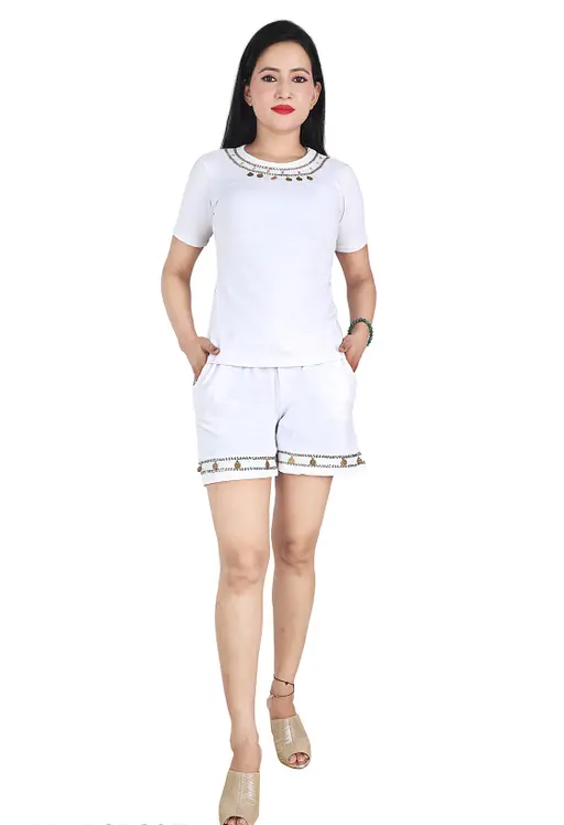Women’s white casual and cycling shorts by Aquamarine Aether, featuring a comfortable fit and casual style.