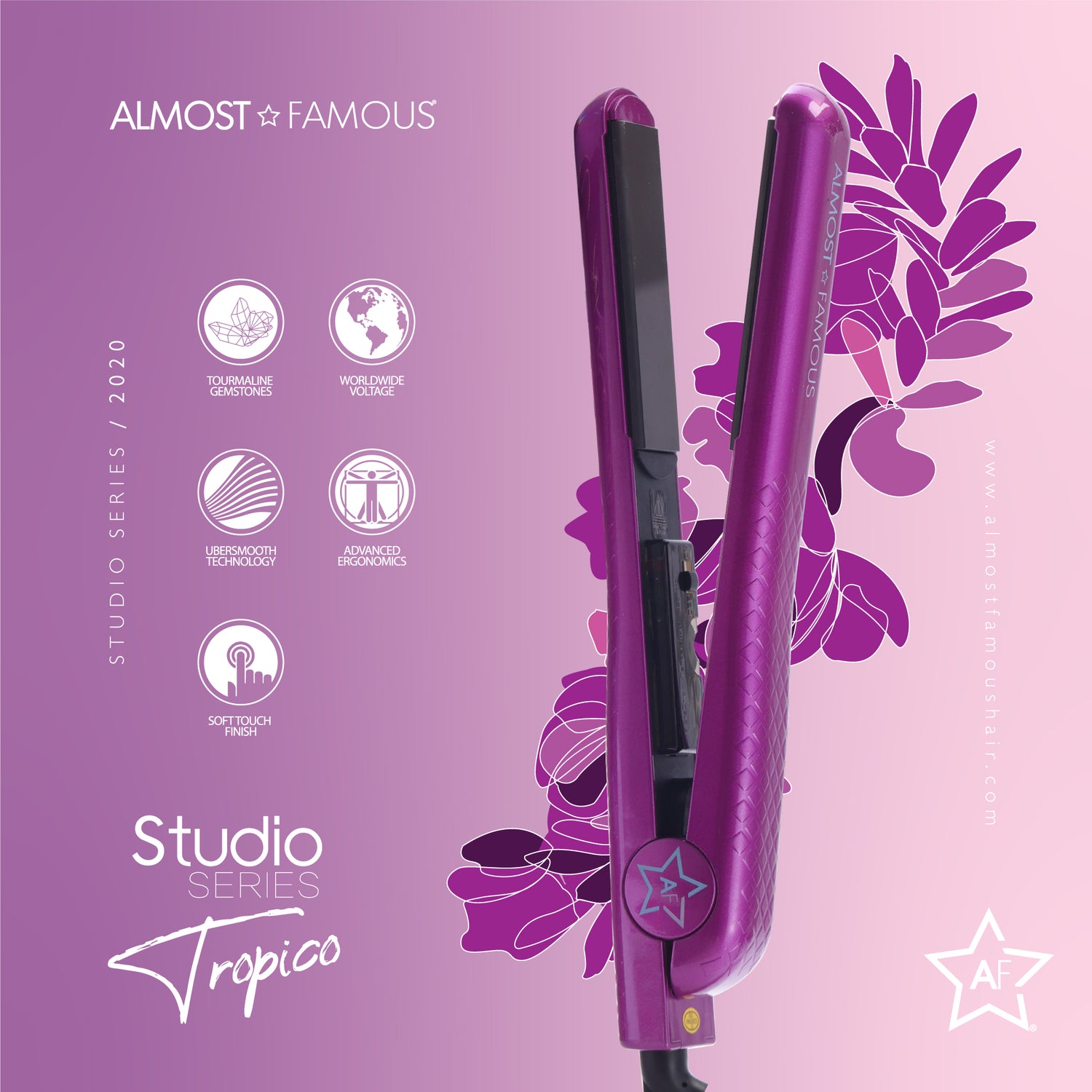 Sky Blue Thrace Almost Famous 1.25-inch Tropico Studio flat iron with waterprint design for hair styling and straightening.