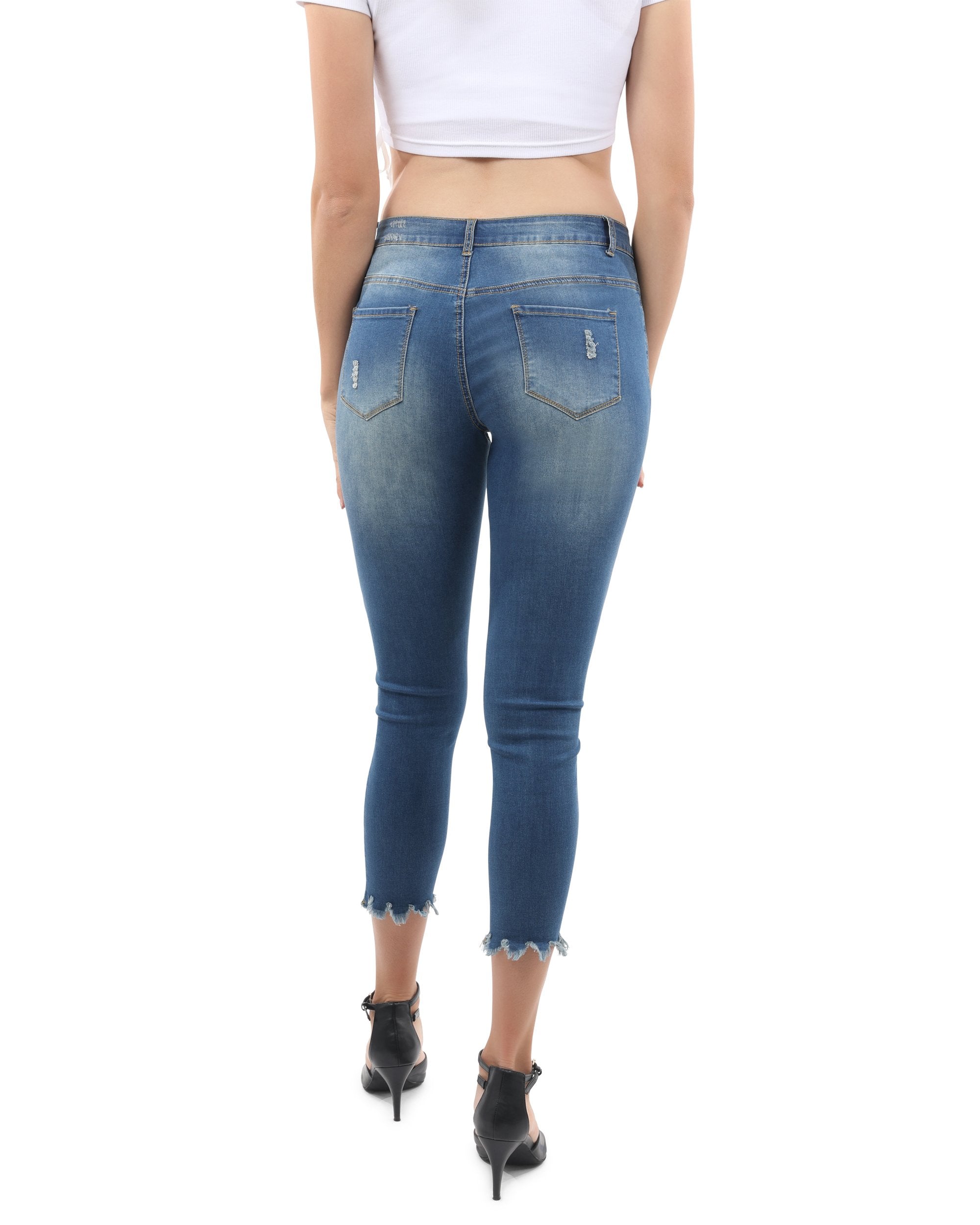 Lazurite Dayton high-waisted distressed jeans for women, showing front view with ripped details and classic denim styling.