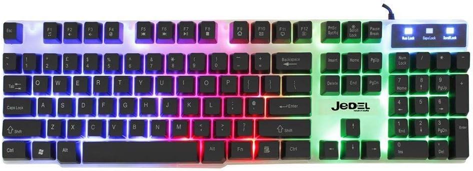 Scarlet Ares Jedel GK100 white gaming keyboard and mouse bundle, sleek tech accessories for gaming setup.
