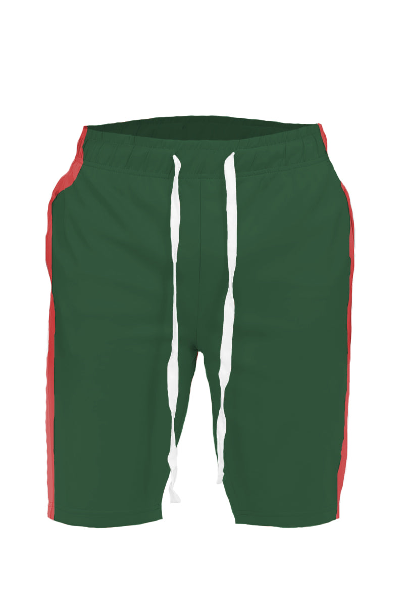 Lime Milo single stripe shorts with blue and white pattern, casual fit, made from lightweight fabric, front and back view.