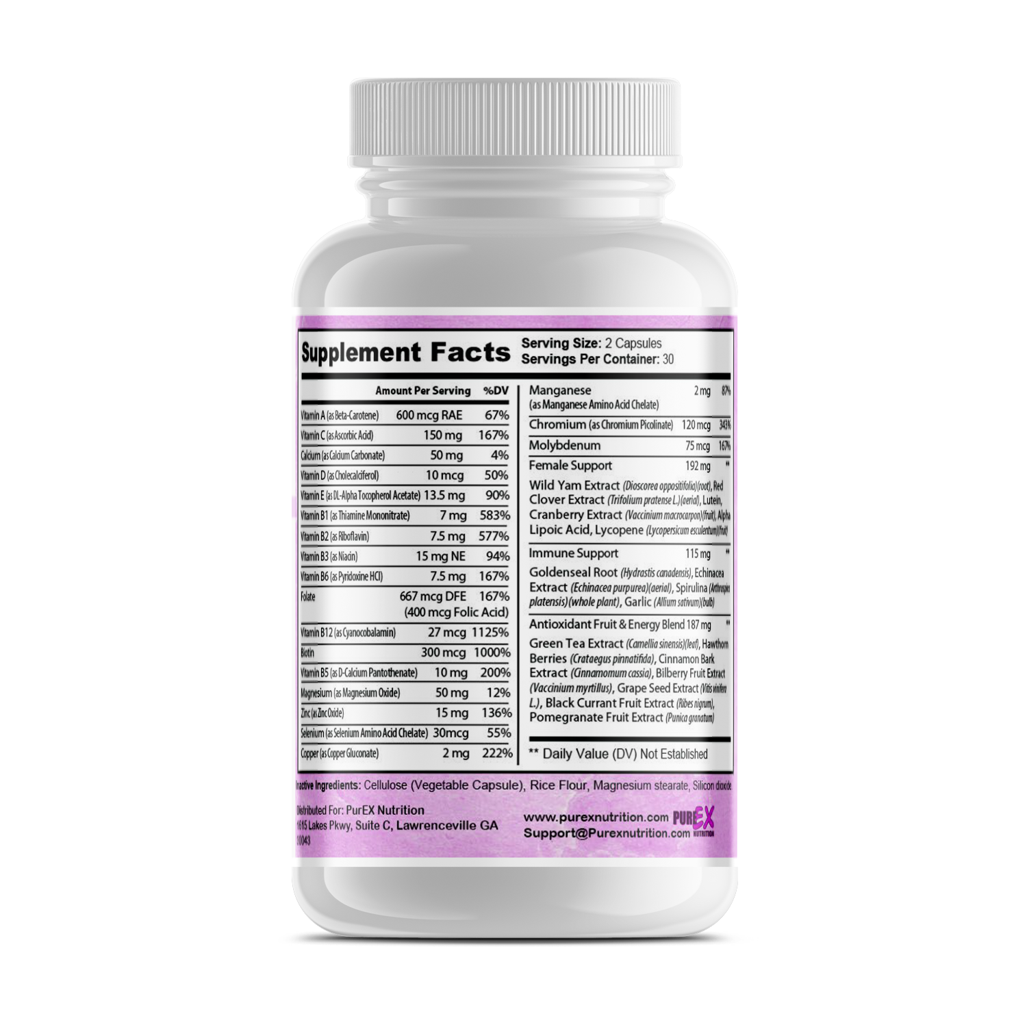 Pure Multi-Vitamins for Women by Erin Chaos, dietary supplement bottle with colorful label and vitamin capsules inside.