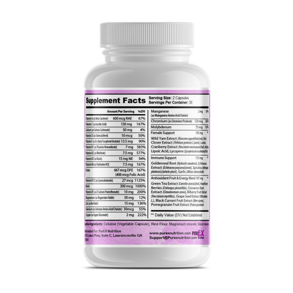 Pure Multi-Vitamins for Women by Erin Chaos, dietary supplement bottle with colorful label and vitamin capsules inside.