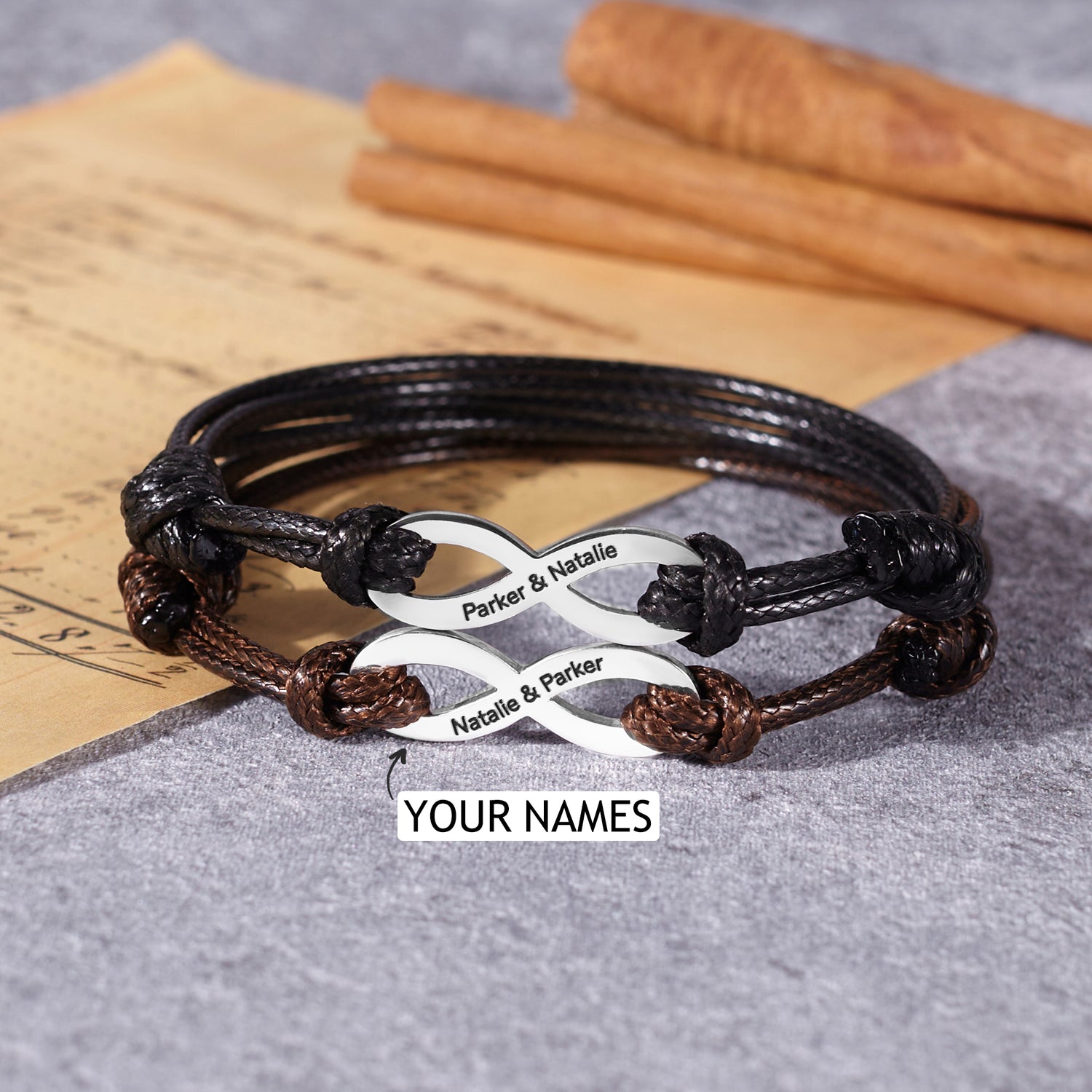 Green Millie infinity names couple bracelet with engraved personalization, ideal anniversary gift for boyfriend