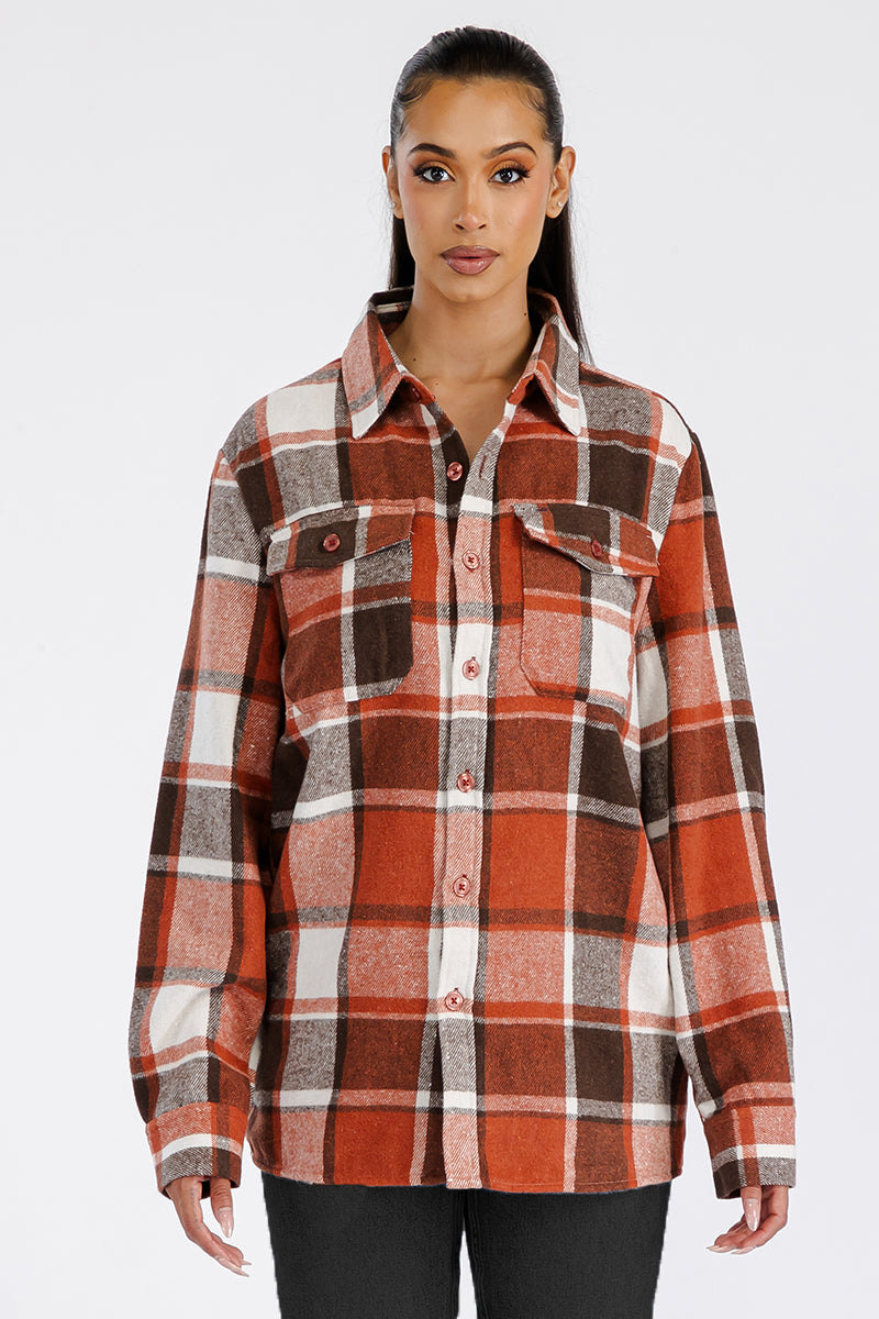 Lime Milo Boyfriend oversized soft flannel shacket in blue and gray, casual jacket with button front and chest pockets.