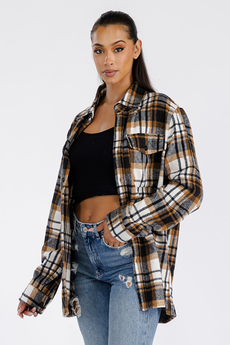 Lime Milo Boyfriend Oversized Soft Flannel Shacket in plaid with button closure and chest pockets, casual jacket for men.