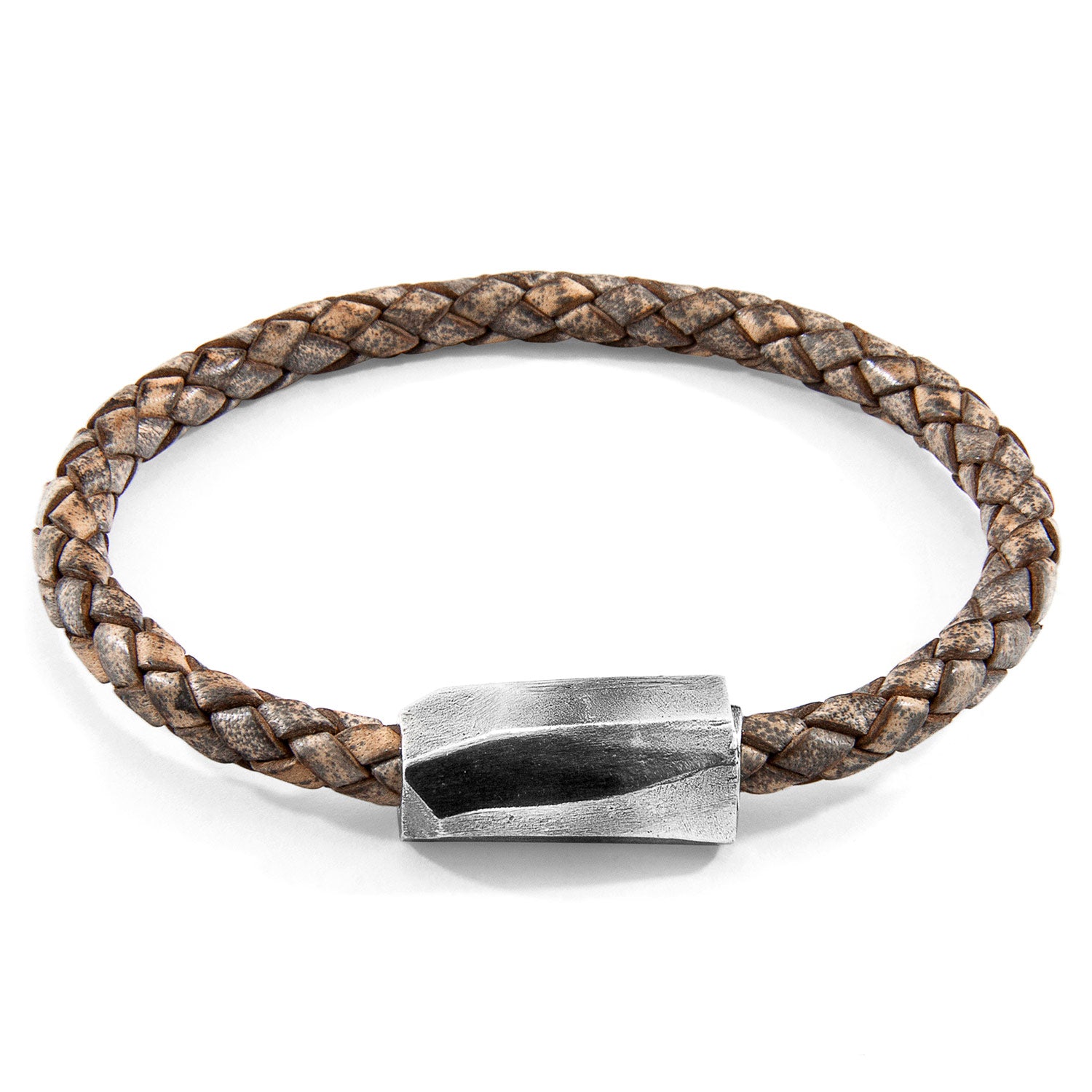 Taupe grey Hayling Silver and braided leather bracelet by Magenta Sooty, featuring silver accents and braided leather design.