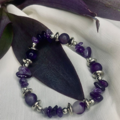 Purple agate chip bracelet with silver spacers, bohemian style bracelet by Tan Saffron featuring vibrant stone chips and silver accents.