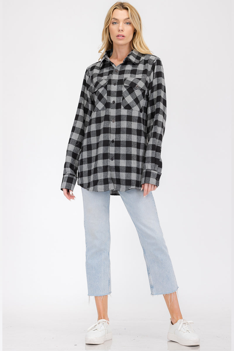 Lime Milo oversized boyfriend plaid checkered flannel top, casual blouse with a relaxed fit and classic pattern, front view.