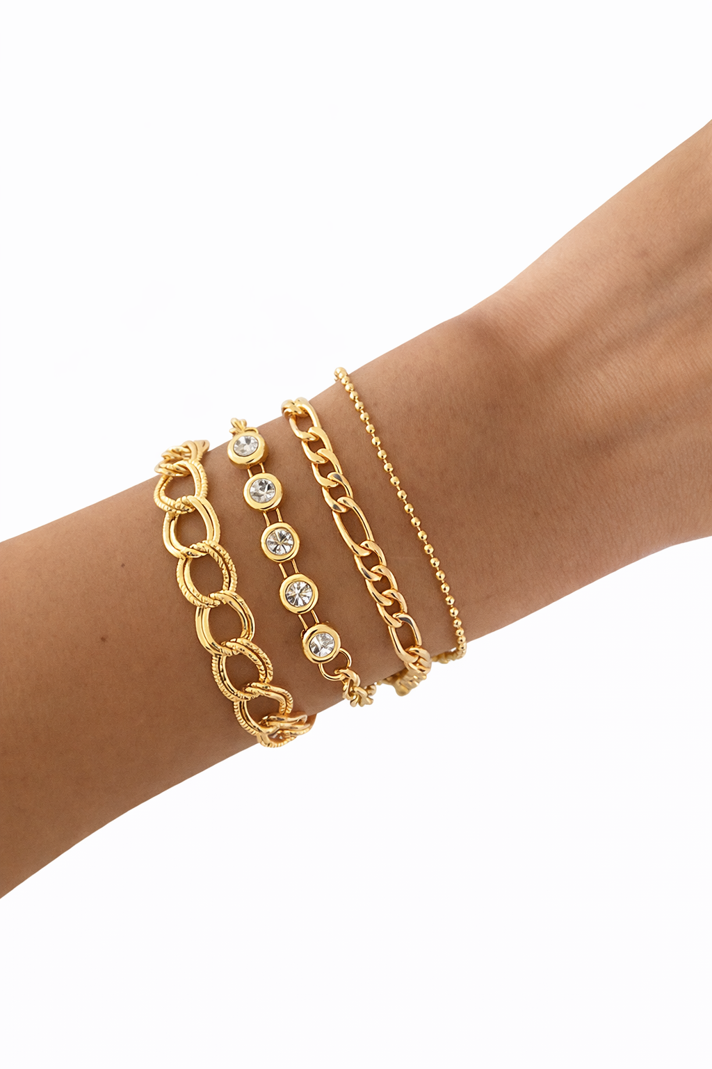 Set of four layered white stone bracelets by Ochre Juniper, adjustable elegant jewelry with minimalist design.