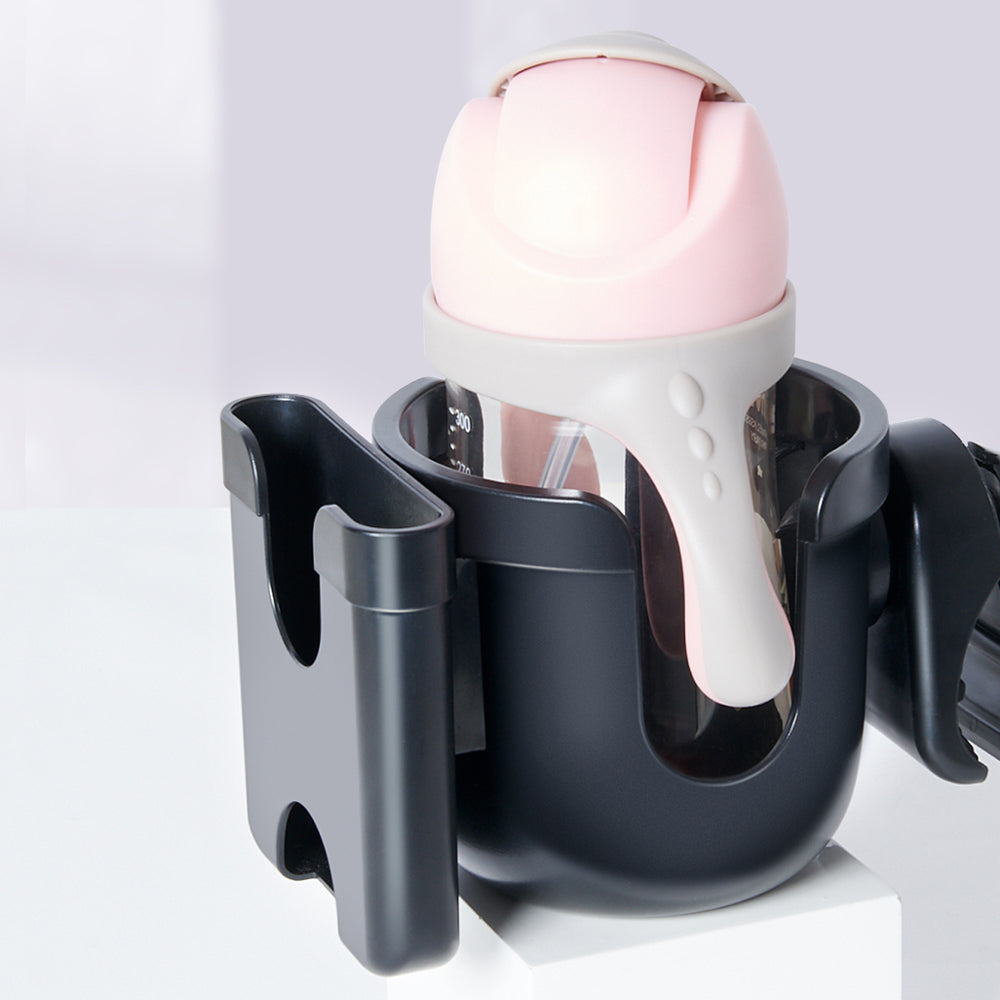 Maroon Chronos universal stroller cup holder attached to a bike for convenient beverage carrying during rides