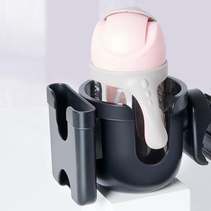 Maroon Chronos universal stroller cup holder attached to a bike for convenient beverage carrying during rides