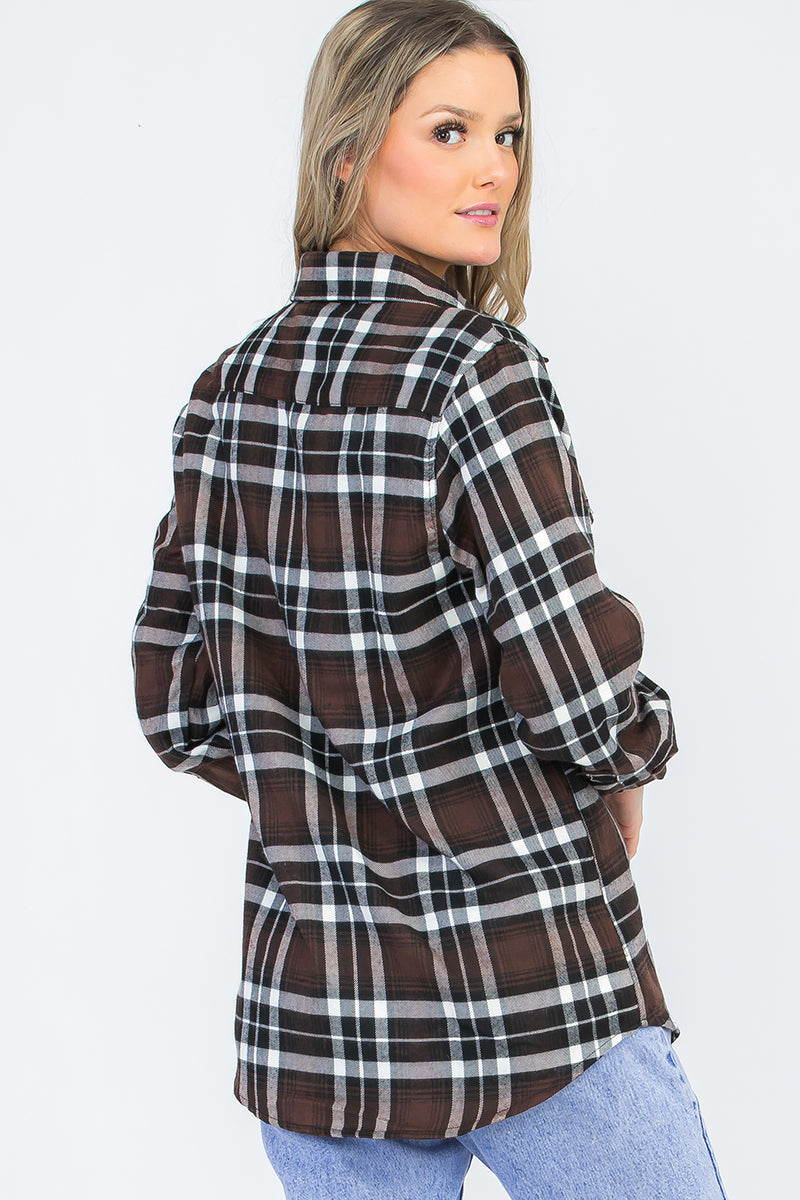 Lime Milo oversized boyfriend plaid checkered flannel top with a relaxed fit, featuring classic red and black checkered pattern.