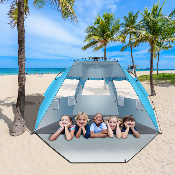 Outdoor camping fiberglass pole beach tent made of Oxford cloth by Lilac Milo, ideal for outdoor sports and beach outings.