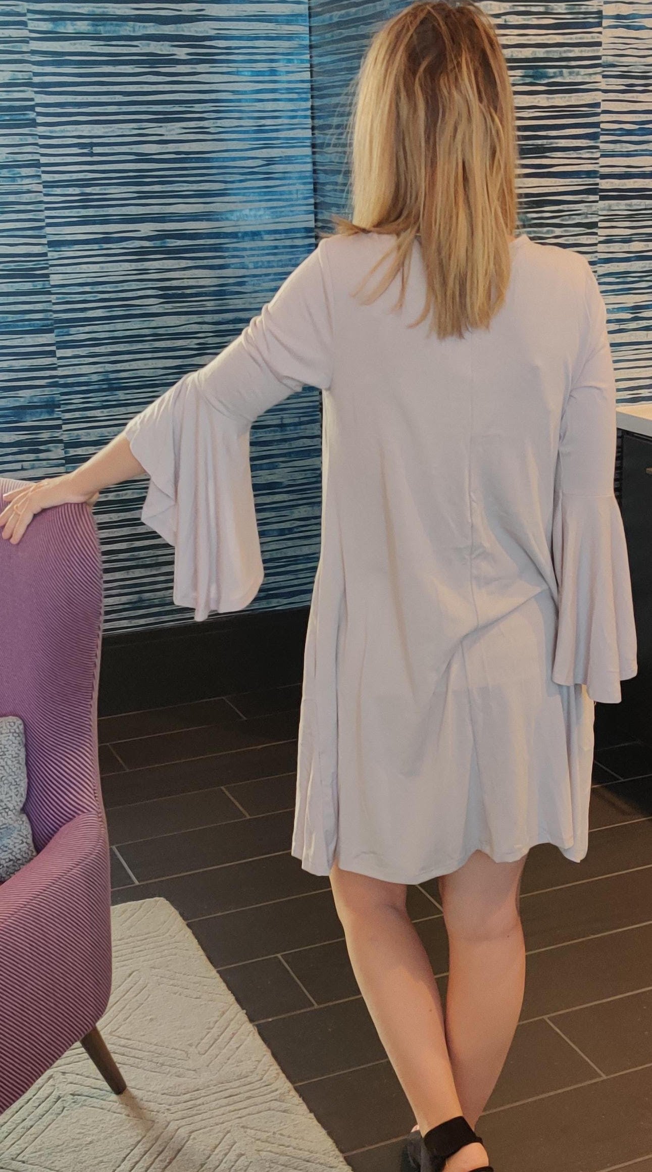 Light gray ruffle sleeve dress with keyhole neckline and pockets, women&