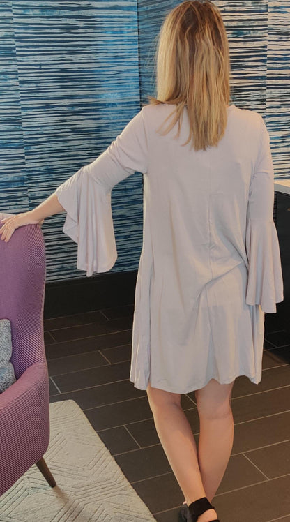 Light gray ruffle sleeve dress with keyhole neckline and pockets, women&