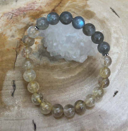 Citrine and blue flash labradorite stretch bracelet featuring natural gemstones by Violet Chaos, displayed on a neutral background.