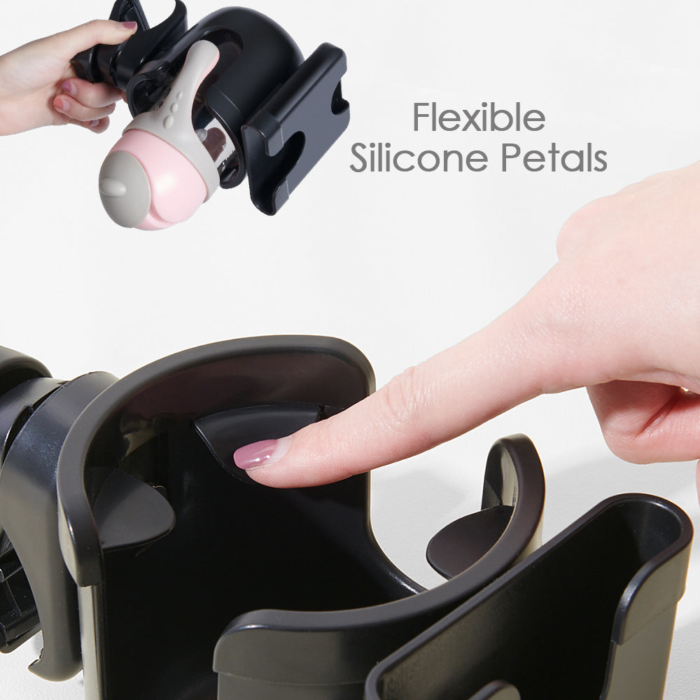 Maroon Chronos universal stroller cup holder for biking, shown attached to a stroller handle with a beverage in place.