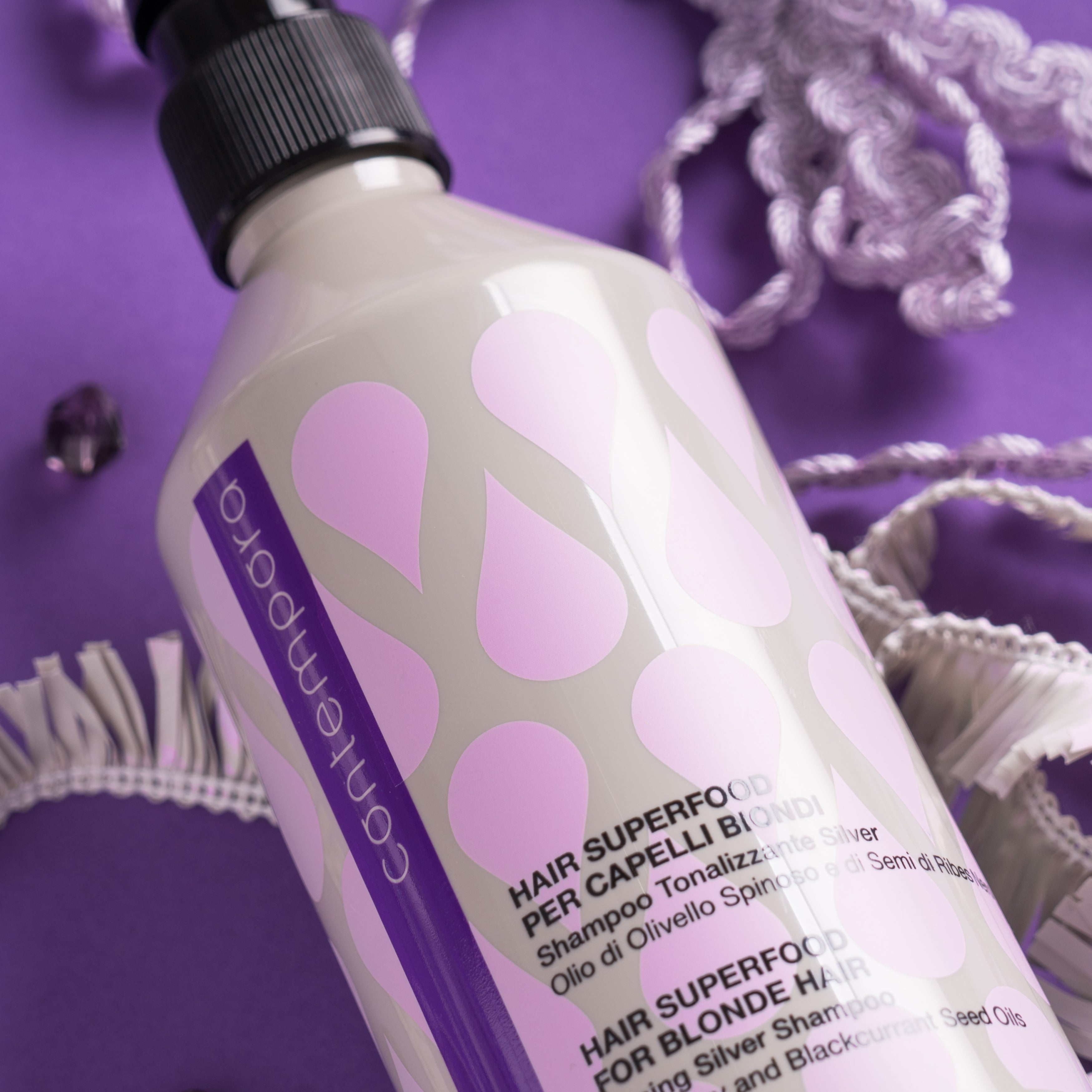 Pink Misty Contempora Hair Superfood Toning Silver Shampoo 500ml bottle with silver and purple labeling, designed for blonde and gray hair.