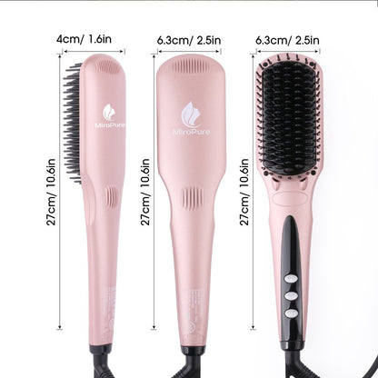 Lilac Milo Miropure 2-in-1 Ionic Hair Straightener Brush with ceramic bristles and ergonomic handle for smooth, shiny hair.