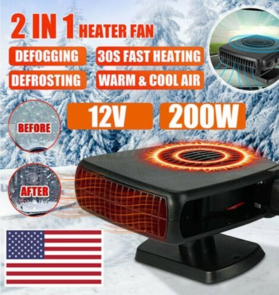 Yellow Pandora 200W 2-in-1 car heater and windshield defroster showing compact design and control panel for automotive use.