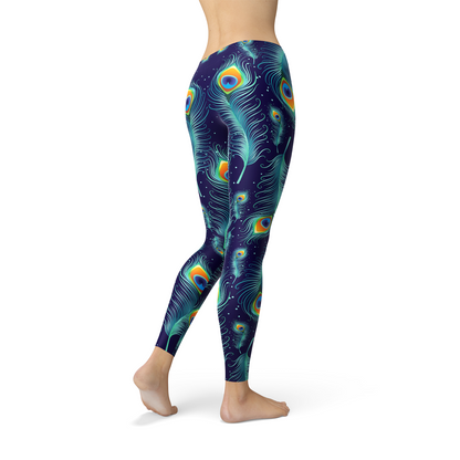 Maroon Sooty blue peacock feathers leggings featuring vibrant feather pattern and comfortable fit, ideal for stylish casual wear.
