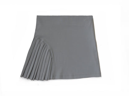 Emerald Hephaestus half-pleated mini skirt in black fabric, showcasing its stylish design and fitted waist.
