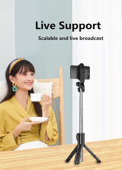 Lilac Milo 3-in-1 tripod Bluetooth selfie stick with fill light for smartphones, featuring adjustable height and built-in lighting.