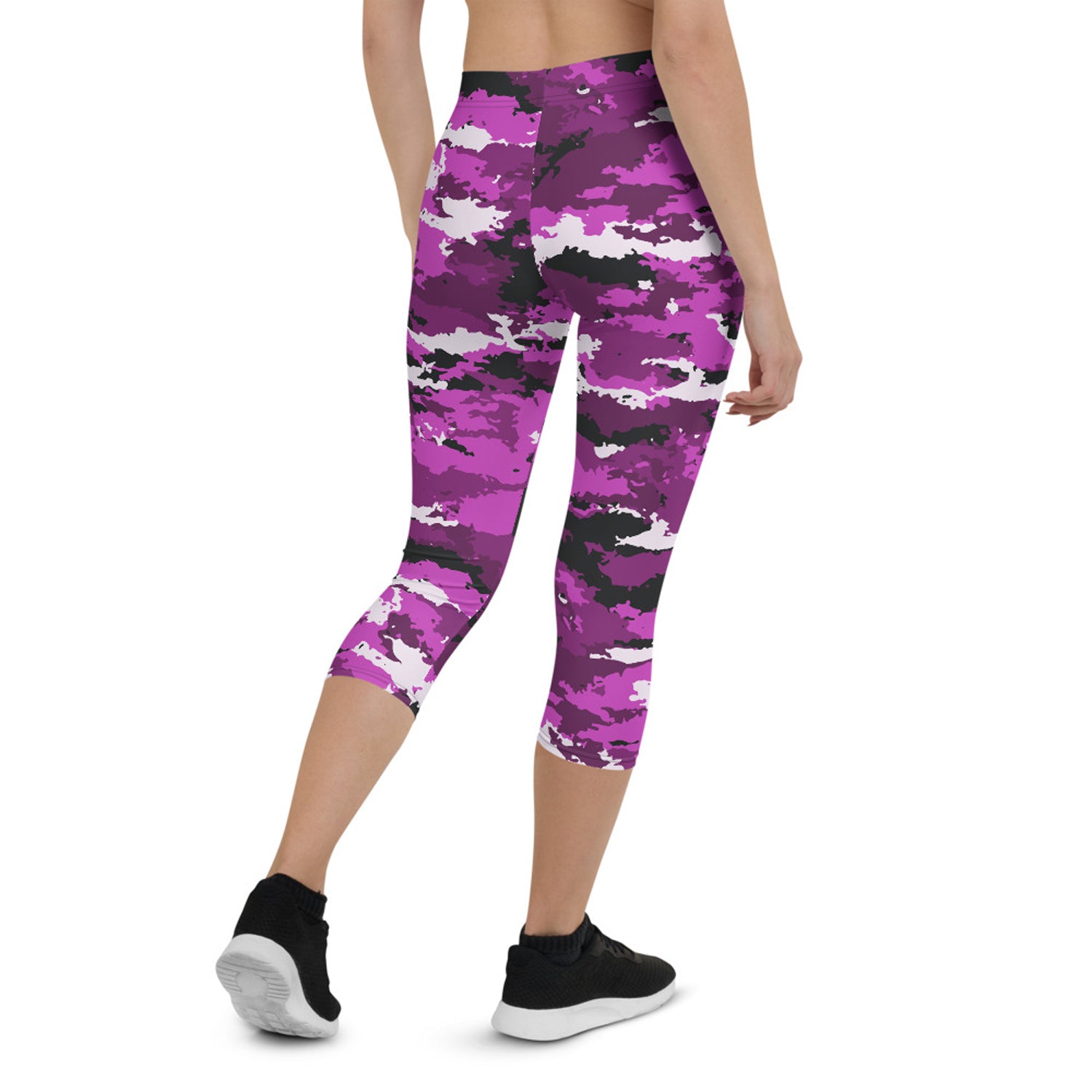 Pink and purple camo activewear capri leggings by Maroon Sooty featuring a vibrant camouflage pattern and comfortable fit.