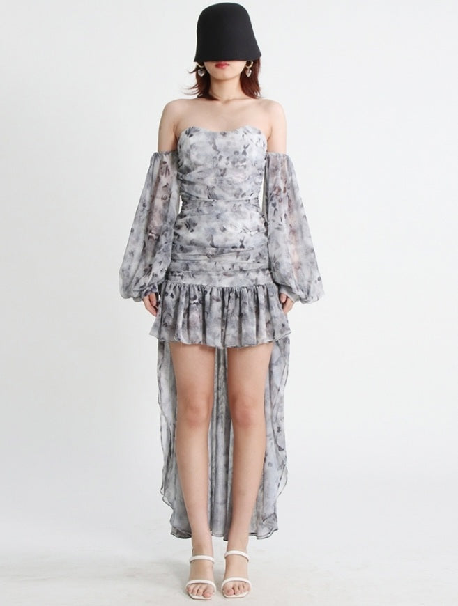 Mauve Ananke asymmetrical mini dress with slash neckline and puff sleeves, featuring a solid minimalist design.