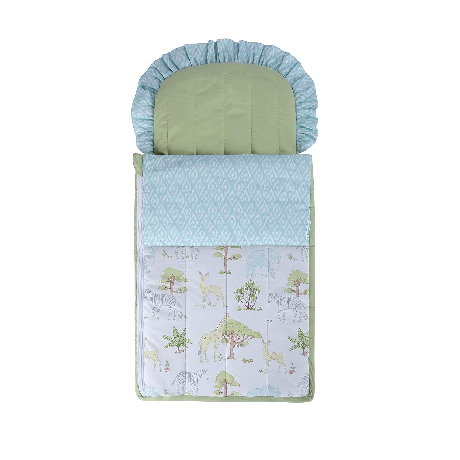 Green newborn cotton quilted nest bag by Amaranth Smokey, designed for babies, with soft padded fabric and cozy, secure interior.