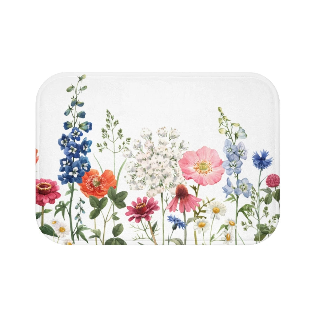 Yellow Pandora spring floral garden bath mat with colorful floral pattern, soft bathroom decor rug for adding a fresh look.