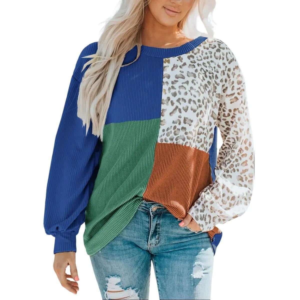 Leopard patchwork color block ribbed long sleeve top by Peach Castor showcasing mixed animal print and vibrant color blocks.