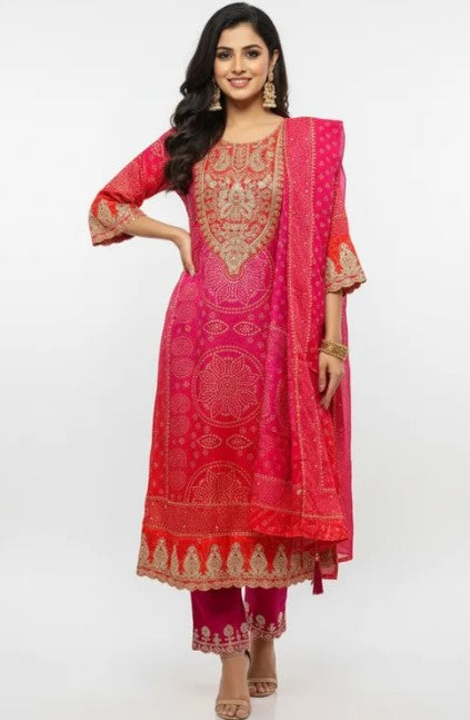 Pink and red Bandhej suit set with matching dupatta for women, featuring traditional Indian print by Viridian Caeneus.