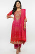 Pink and red Bandhej suit set with matching dupatta for women, featuring traditional Indian print by Viridian Caeneus.