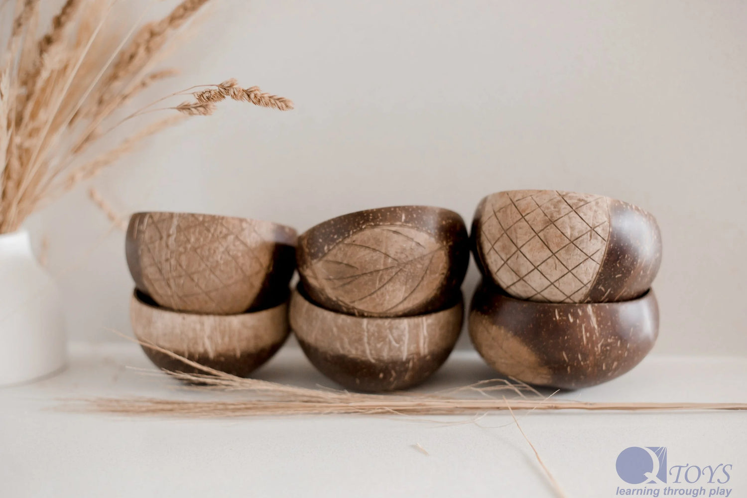 Set of six Plum Thanatos patterned coconut bowls by QToys Australia (USA), colorful and decorative toy bowls for children.