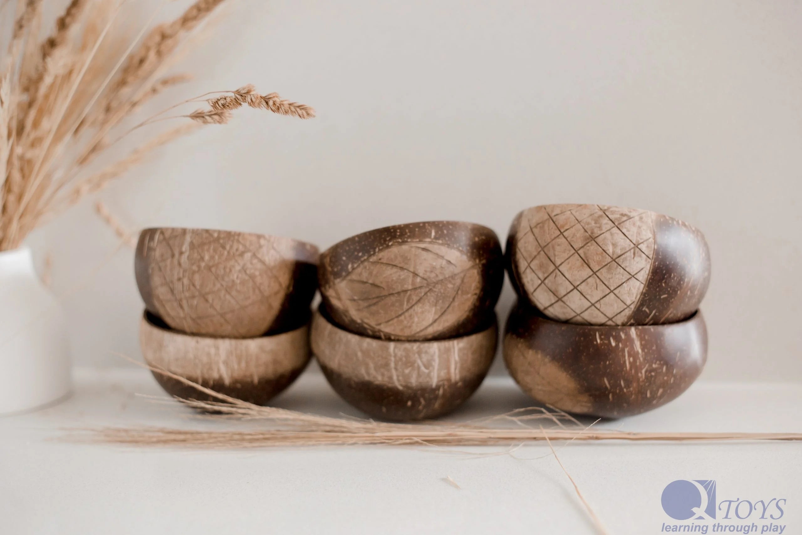 Set of six Plum Thanatos patterned coconut bowls by QToys Australia (USA), colorful and decorative toy bowls for children.