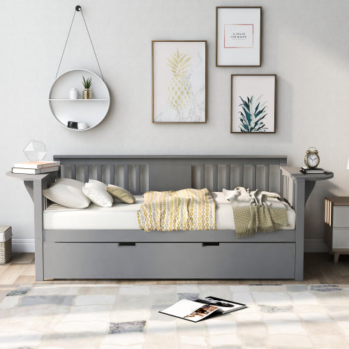 Twin wooden daybed with trundle, sofa bed for bedroom, by Teal Simba, featuring a sturdy frame and cozy bedding.