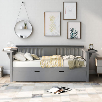 Twin wooden daybed with trundle, sofa bed for bedroom, by Teal Simba, featuring a sturdy frame and cozy bedding.